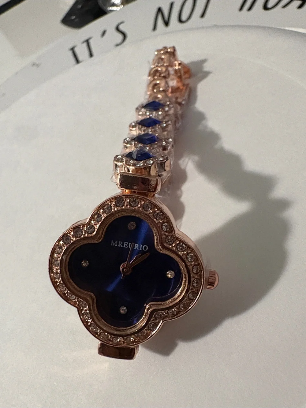 Women's Rose Gold Bracelet Watch with Blue Dial and Crystal Accents